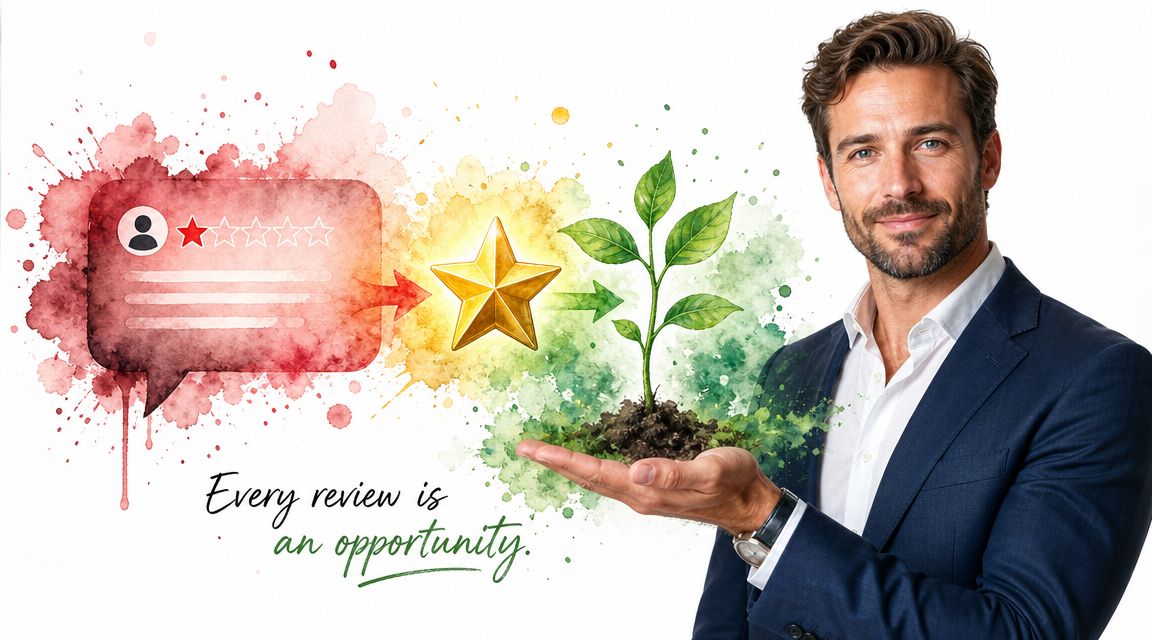 A professional man holding a growing plant, symbolizing how negative customer reviews offer growth opportunities for businesses.