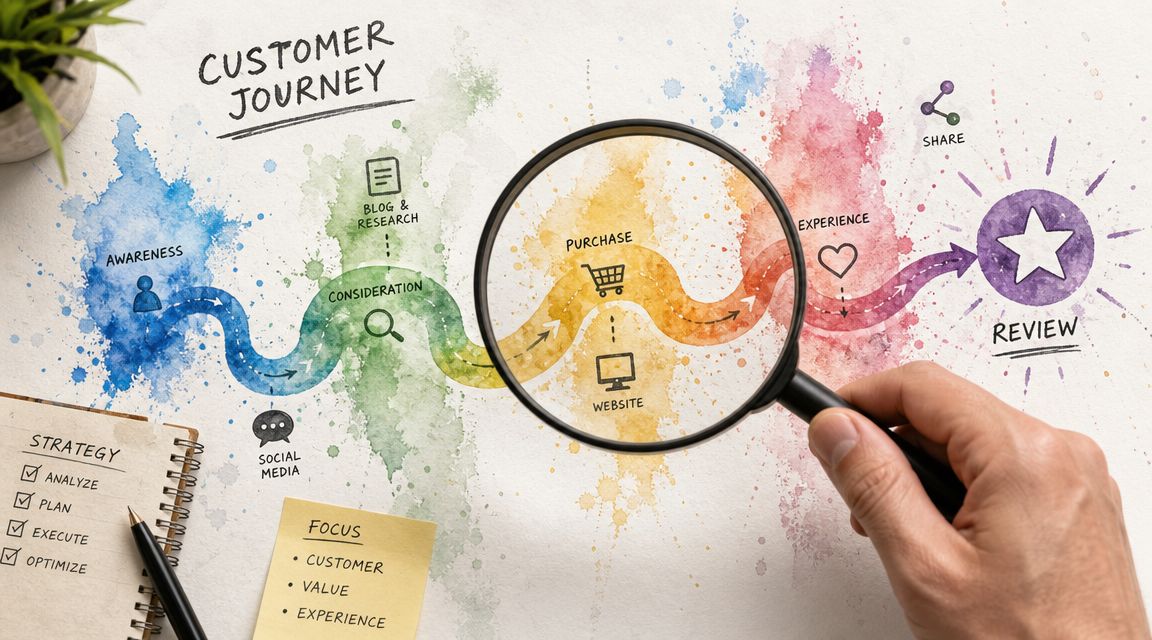 A hand holds a magnifying glass over a hand-drawn customer journey map on a white textured background.