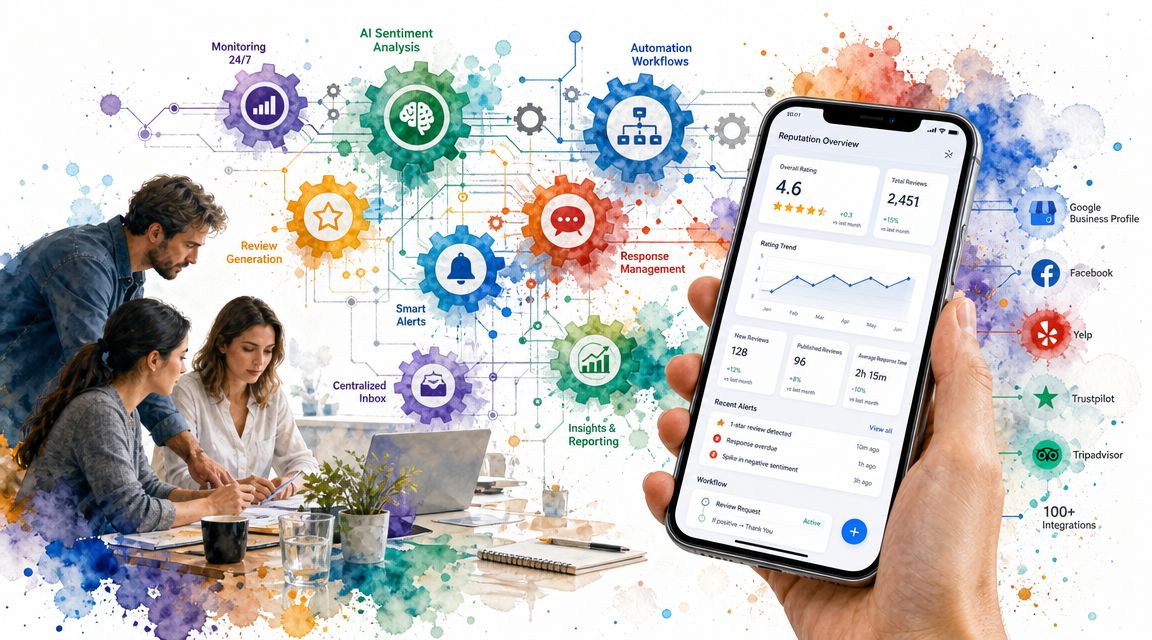 A team collaborating in an office with digital marketing software icons and a smartphone showing reputation analytics.