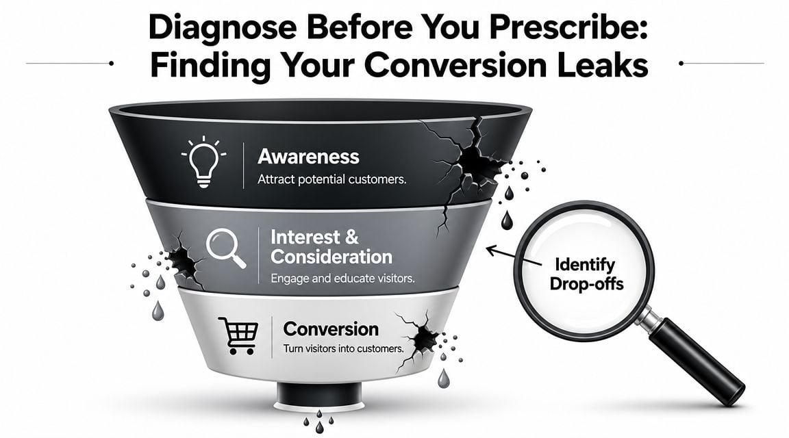 A marketing funnel diagram showing three stages of customer journey to help identify and repair conversion leaks.