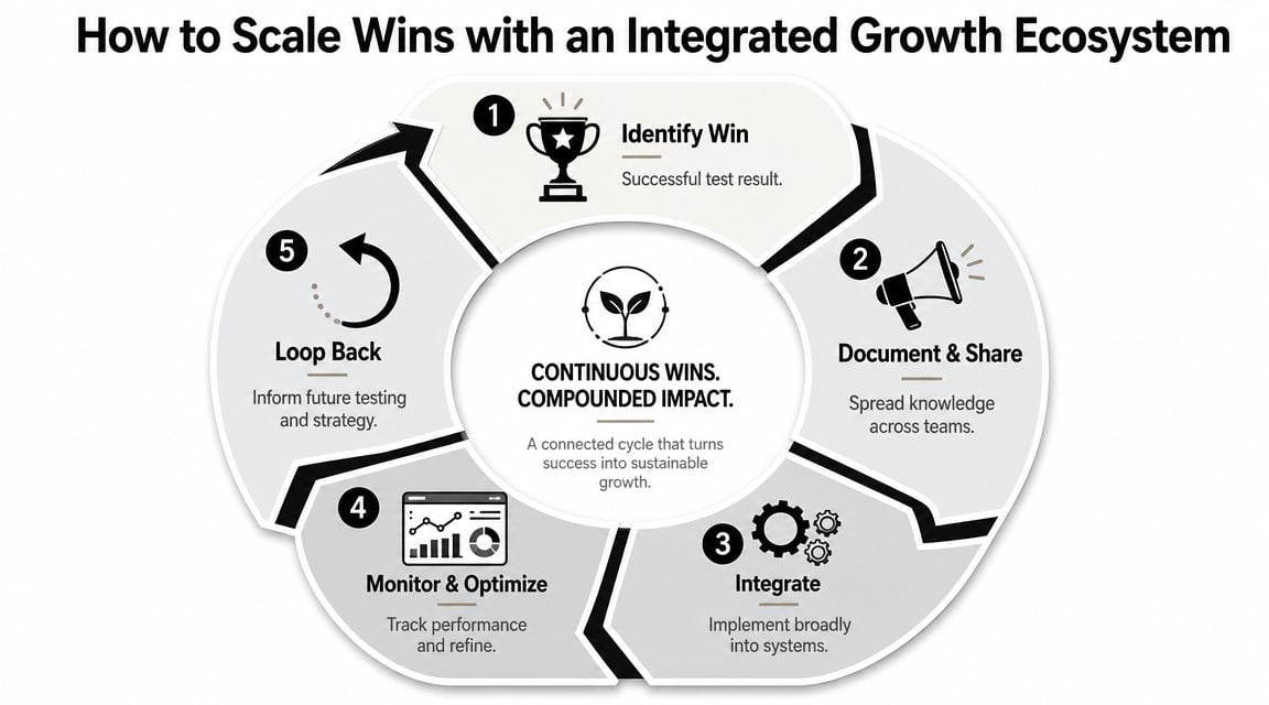A diagram illustrating a five-step cycle for scaling business growth through an integrated ecosystem of success.