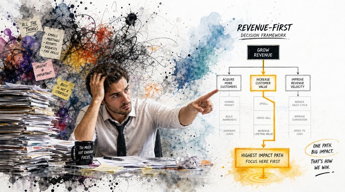 A professional man pointing at a strategic decision framework to focus on increasing customer value for revenue.