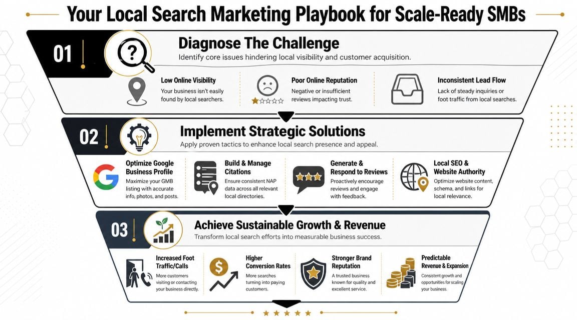 A three-step strategic funnel chart illustrating the local search marketing playbook for growing small businesses.
