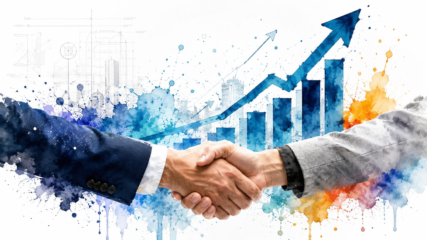 A professional handshake in front of a colorful watercolor background featuring rising bar graphs and city silhouettes.