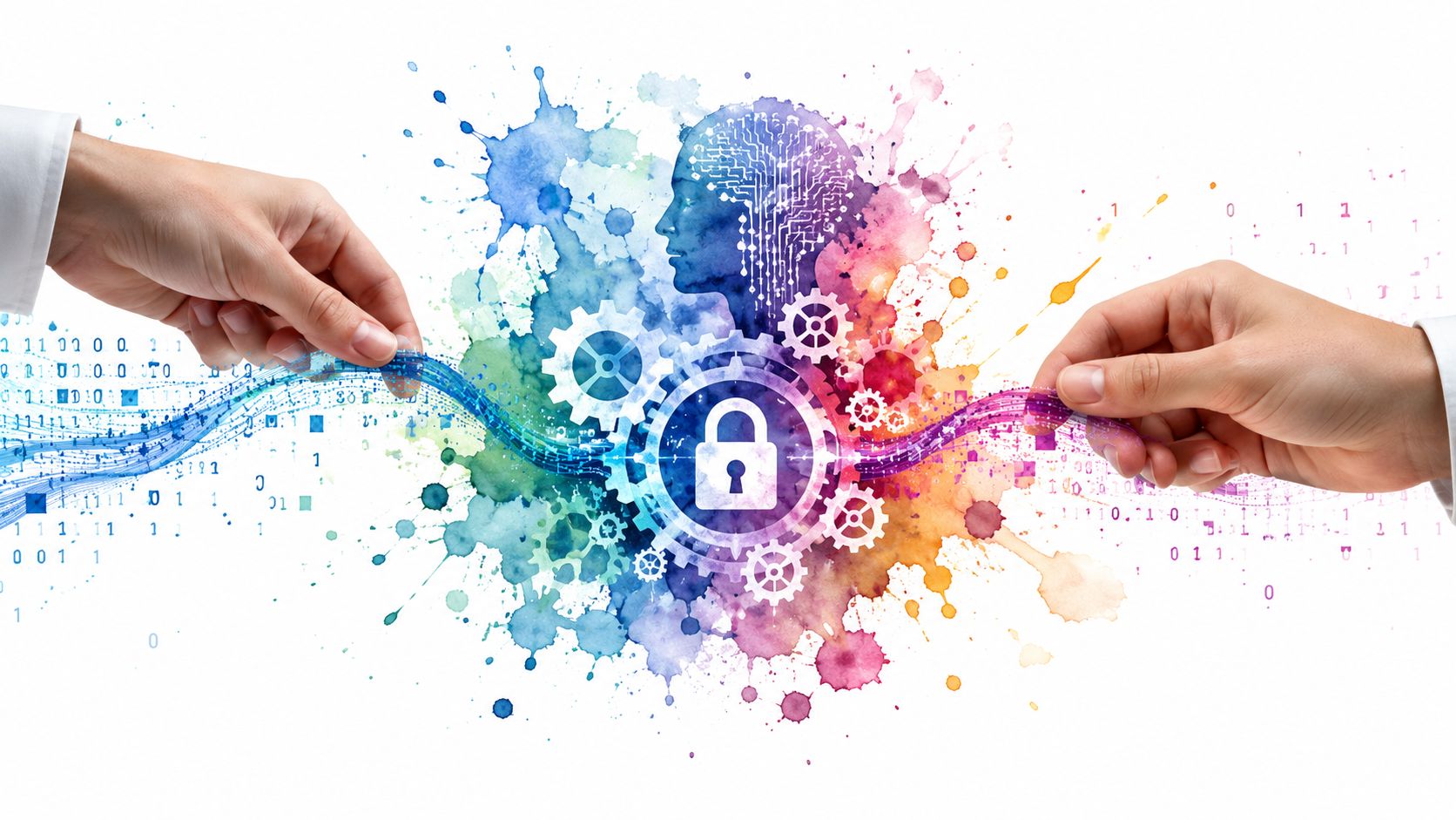 Two hands connecting a digital network stream with a central padlock icon representing cybersecurity and artificial intelligence.