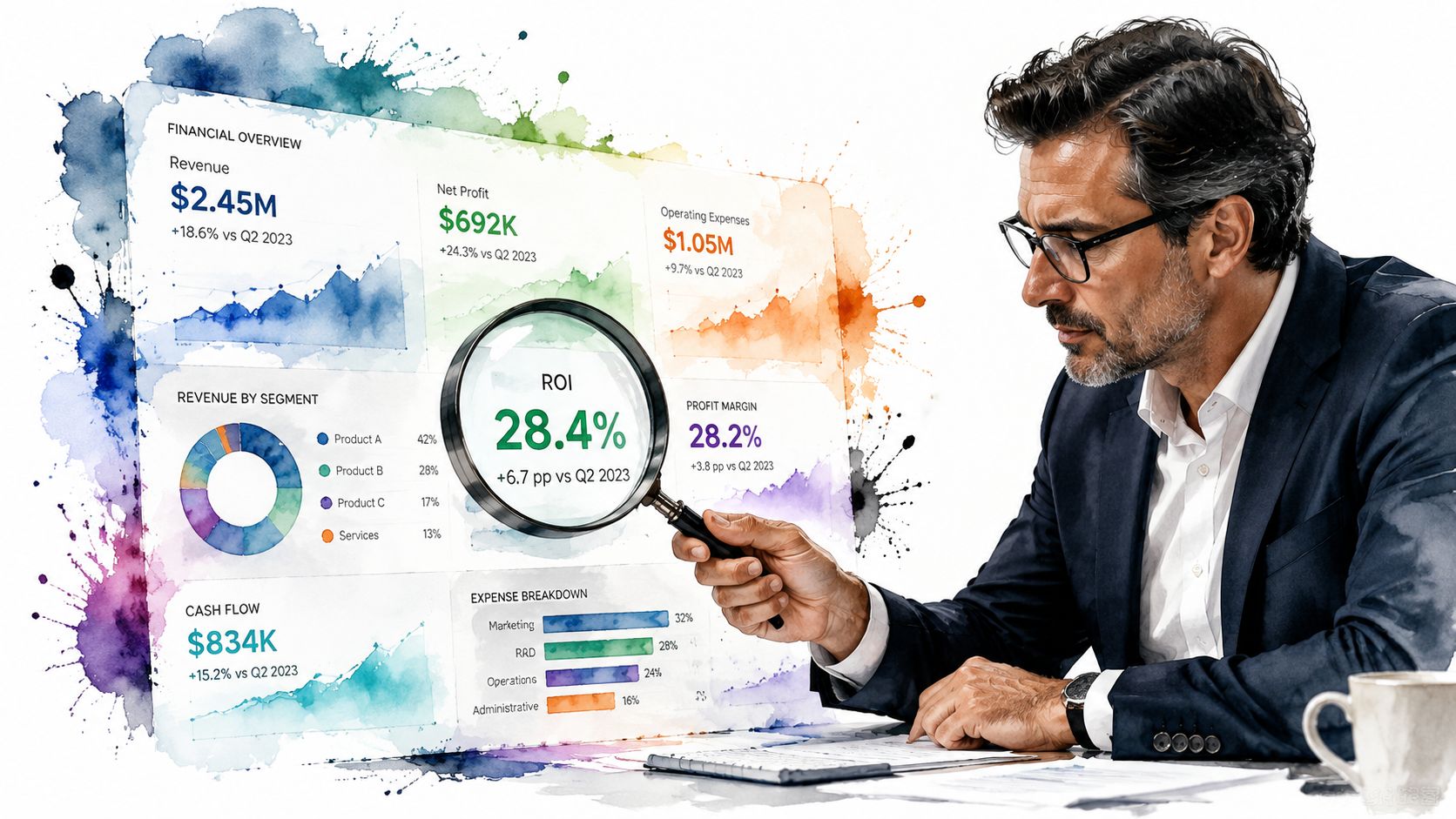 A professional man in a suit using a magnifying glass to analyze business financial charts and data.