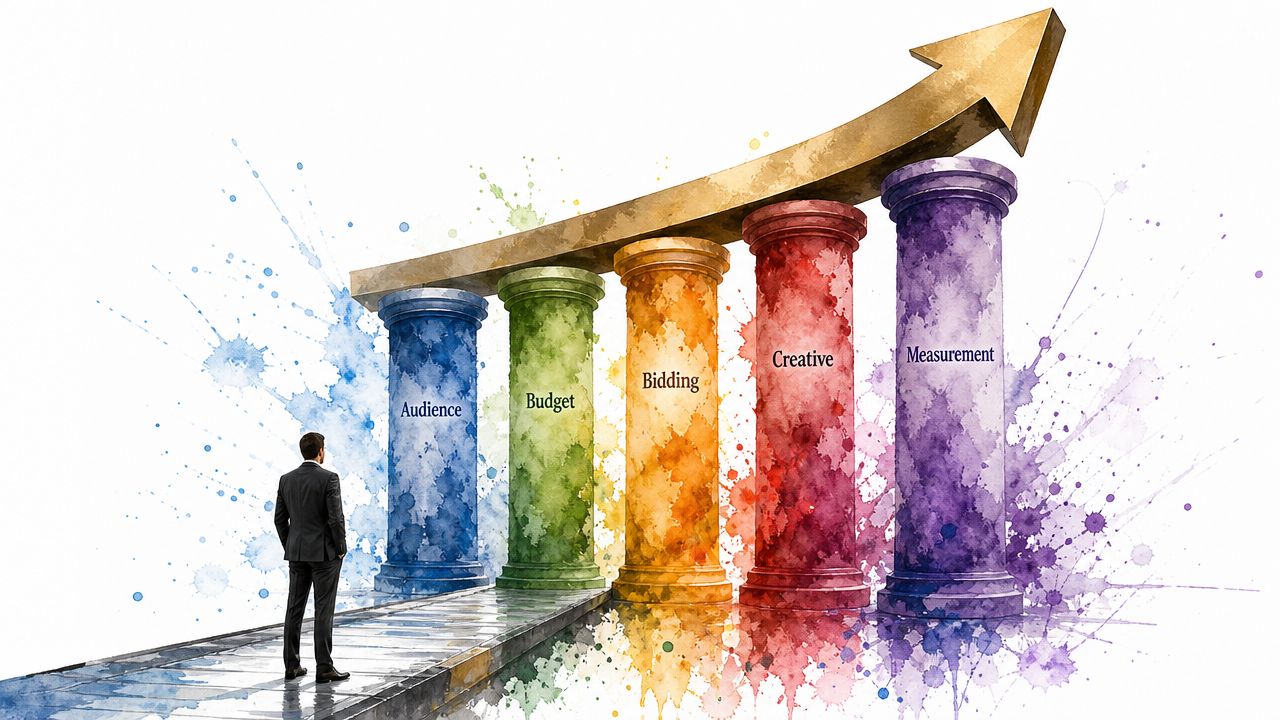 A businessman standing before five colorful pillars representing key components of a successful paid search strategy.