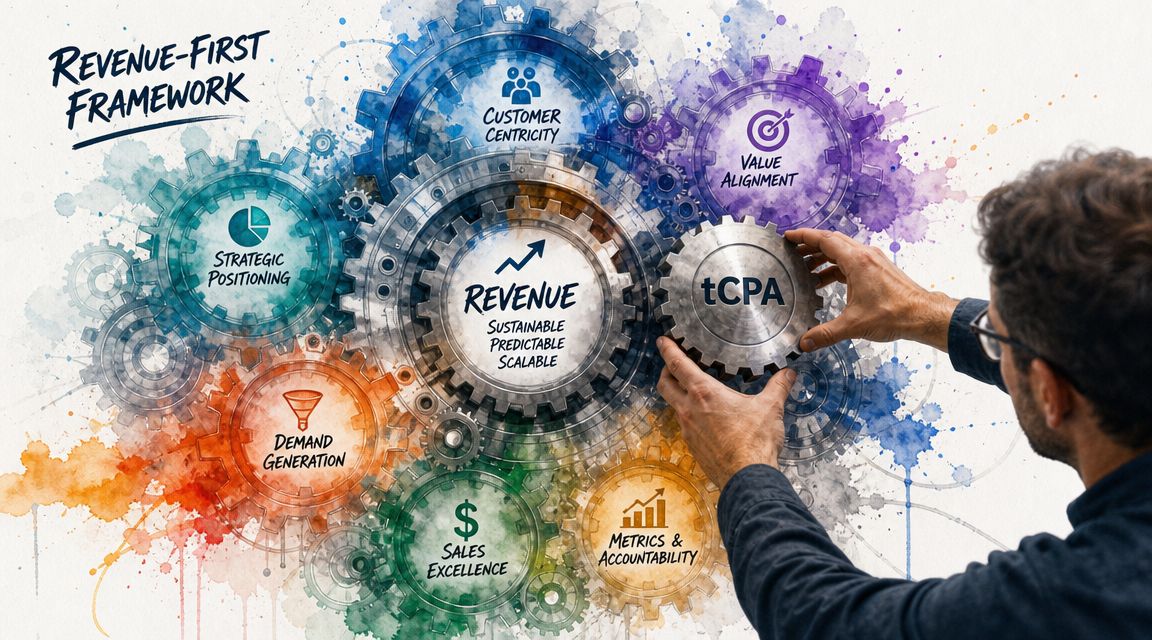 A person placing a gear labeled tCPA into a Revenue-First Framework diagram with interconnected business strategy components.