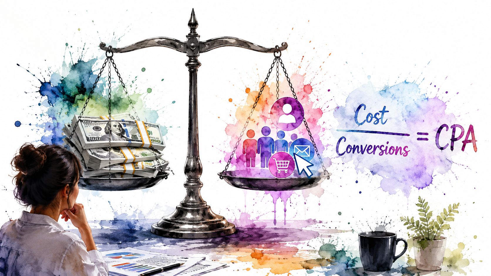 A businesswoman analyzing the balance between marketing costs and customer conversions to calculate CPA.
