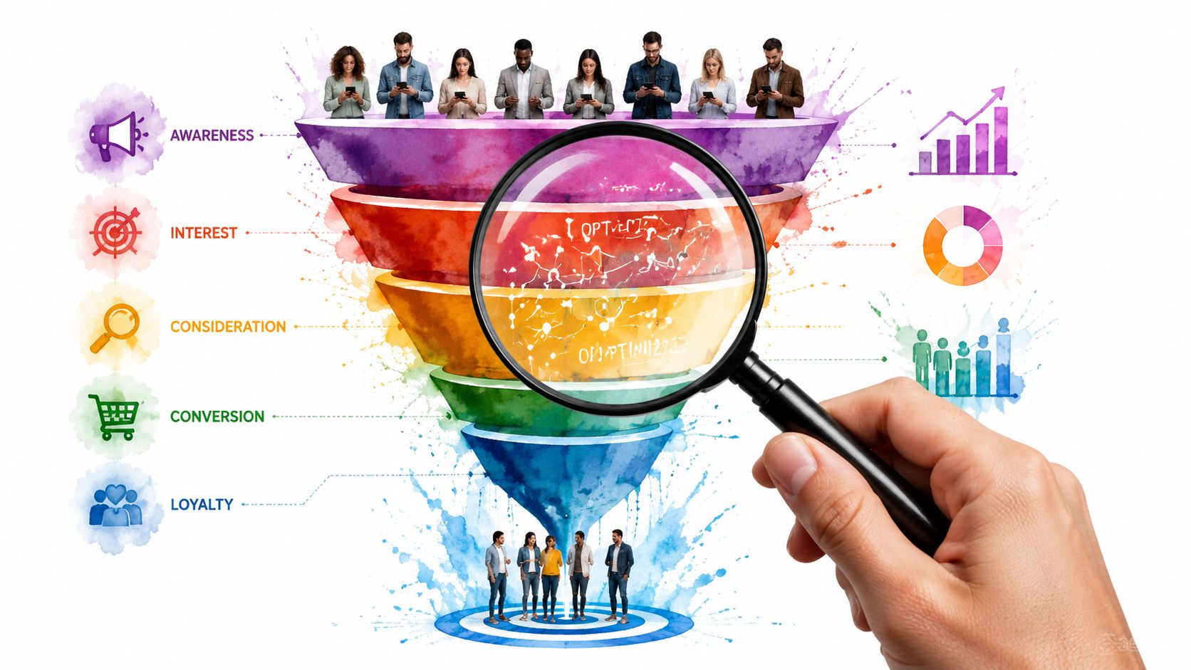 A marketing funnel diagram showing user acquisition stages being examined by a hand-held magnifying glass.