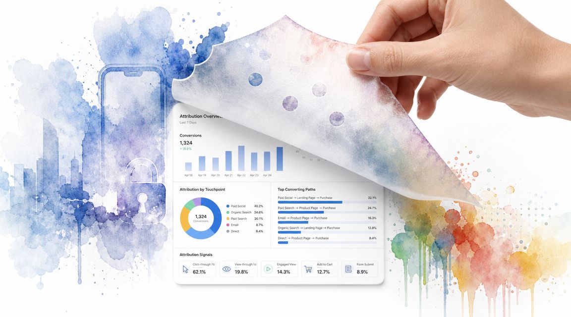 A hand peeling back a layer to reveal a marketing attribution dashboard with data analytics and charts.