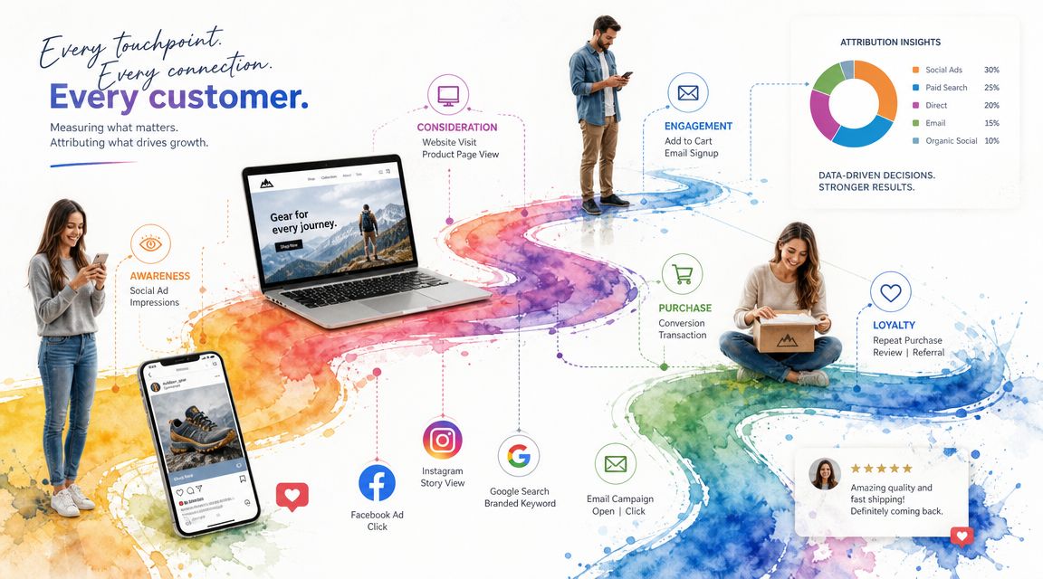 An infographic illustrating the customer journey and marketing attribution model through touchpoints and data-driven insights.