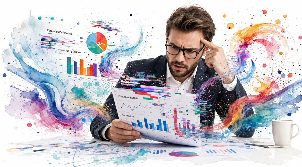 A focused professional analyzing complex marketing data charts with colorful abstract watercolor graphics on a white background.