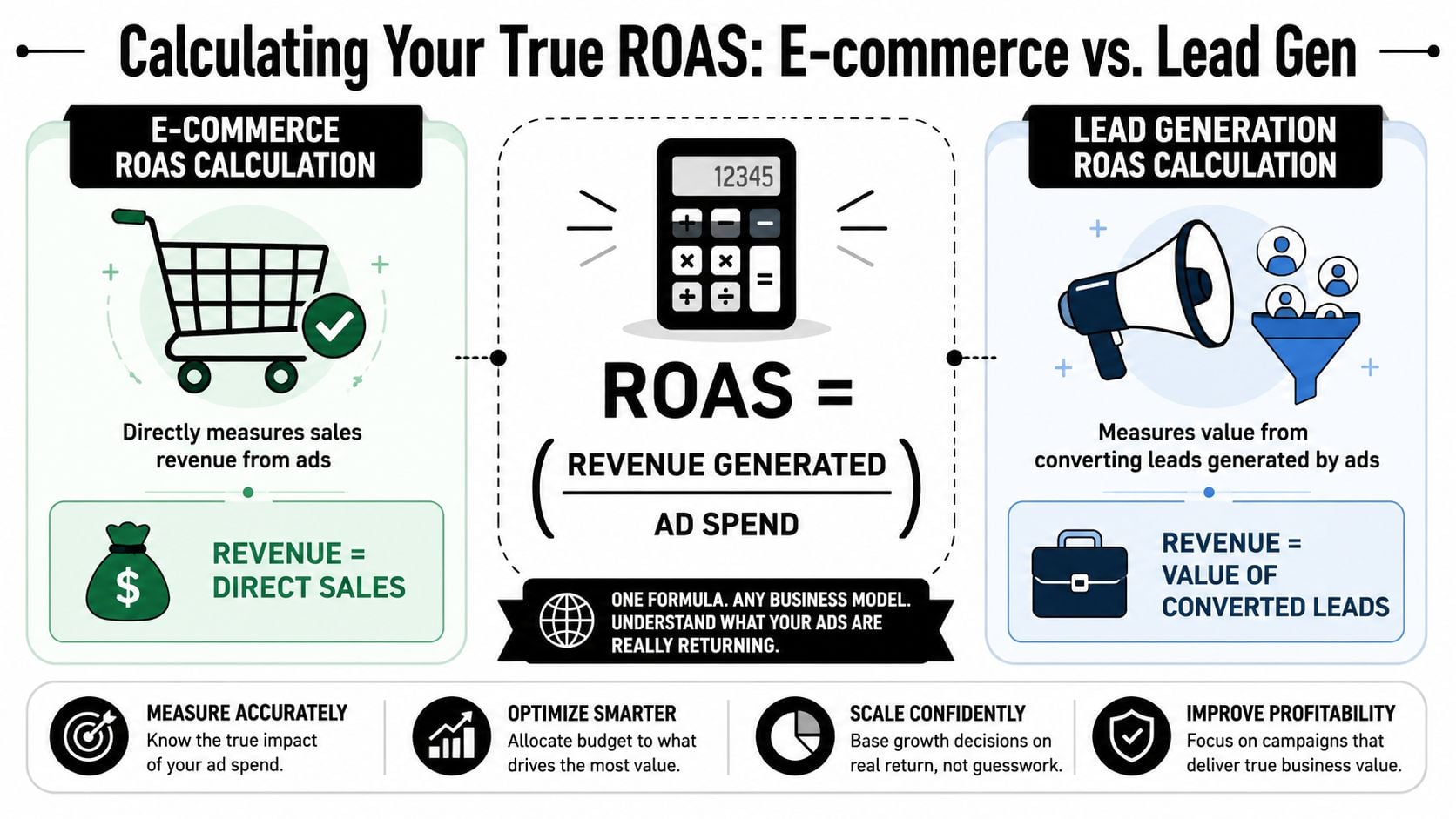 An infographic showing the ROAS calculation formula for e-commerce versus lead generation business models.