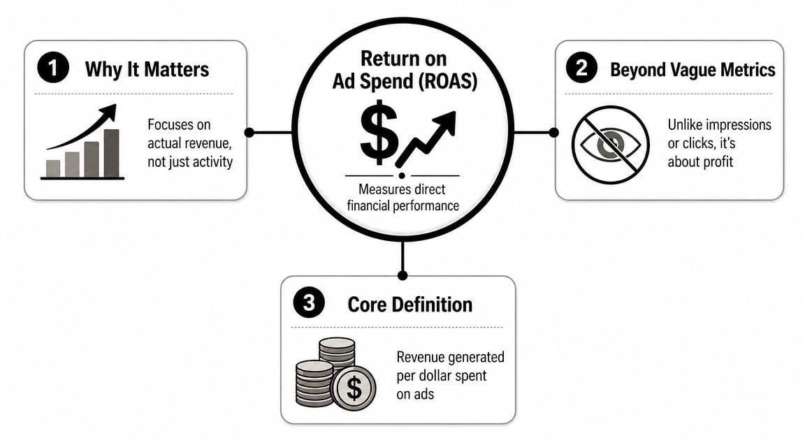 A diagram explaining Return on Ad Spend (ROAS) covering why it matters, beyond metrics, and core definition.