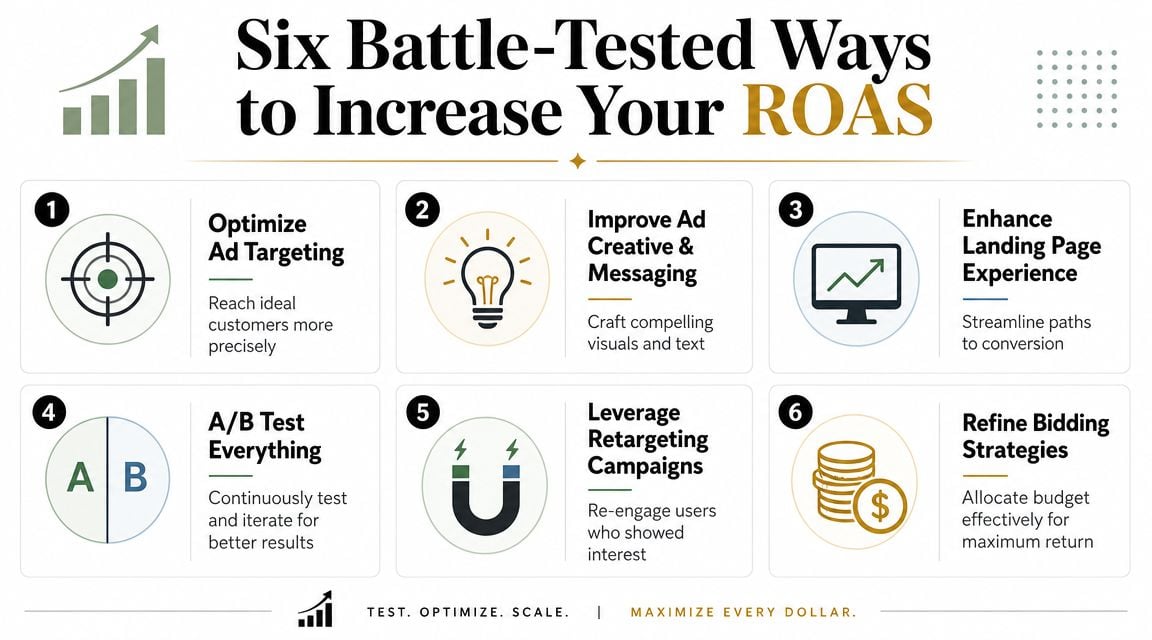 A graphic showing six strategic ways to improve your return on ad spend for marketing campaigns.