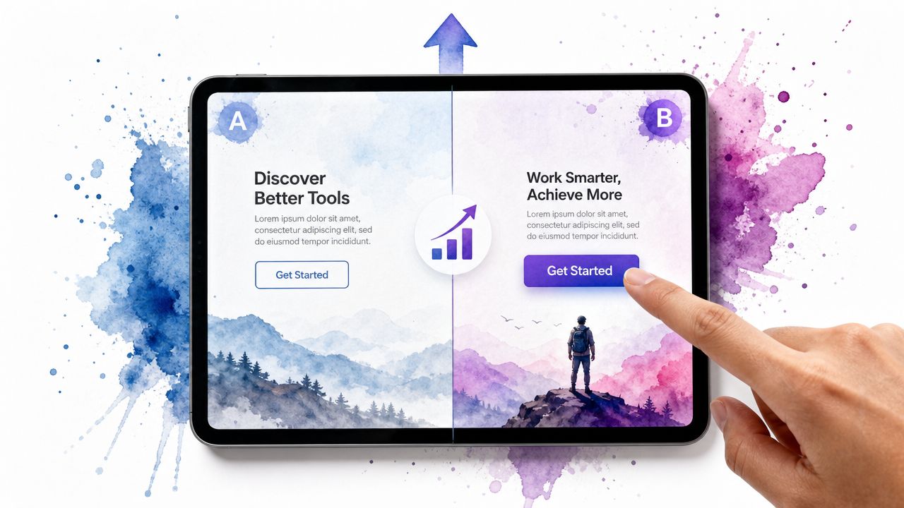A tablet screen displaying a split-screen design comparing two different business marketing concepts with a hand touching the screen.