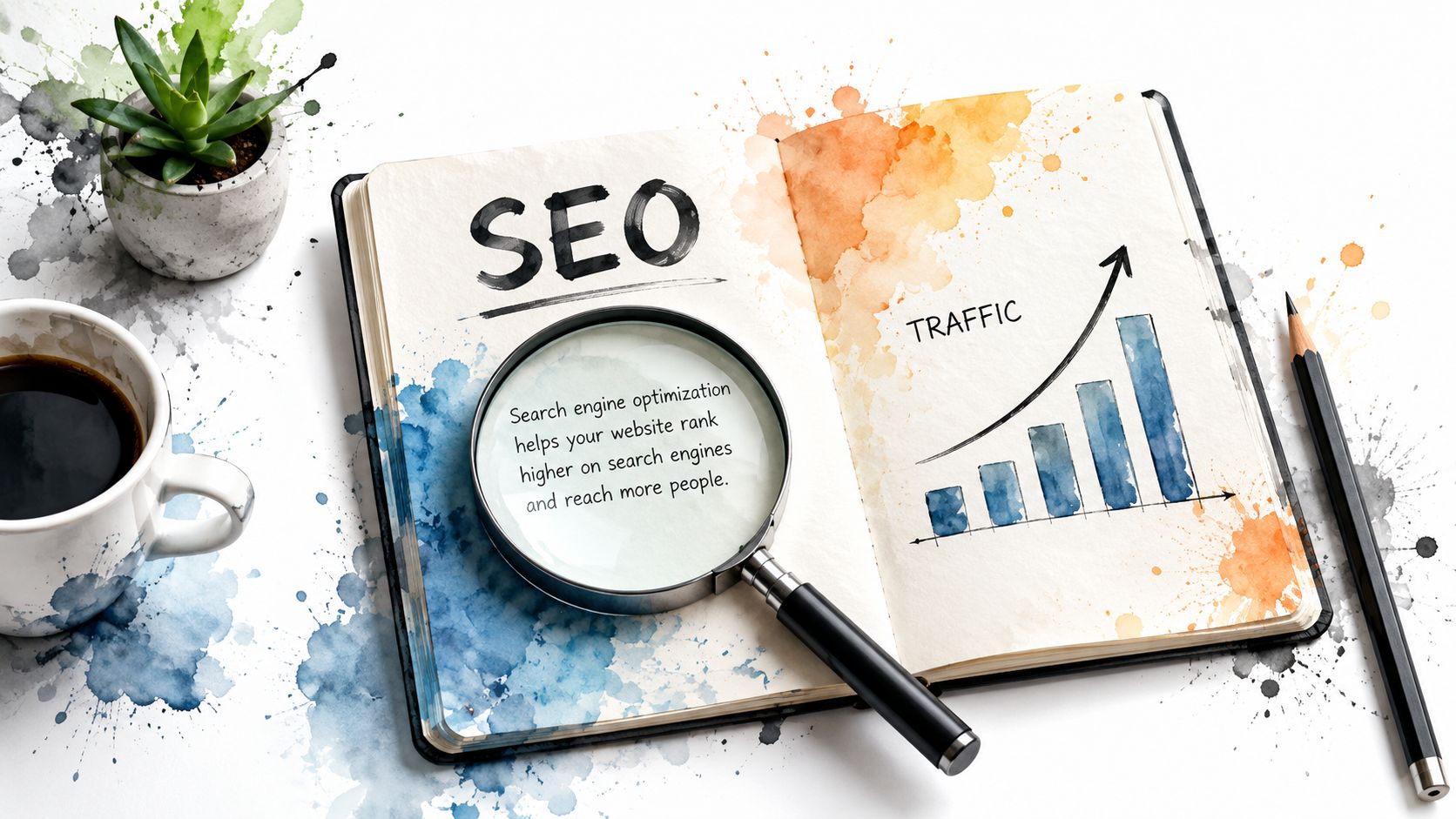 An open notebook with SEO text under a magnifying glass, a traffic growth chart, coffee, and stationery.