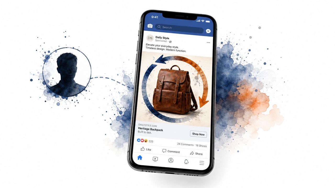 A smartphone displaying a targeted social media advertisement for a leather backpack with artistic watercolor style graphics.