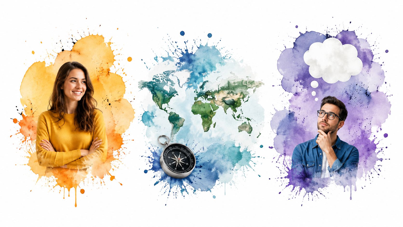 A woman and a man separated by a watercolor world map and a vintage compass illustration.