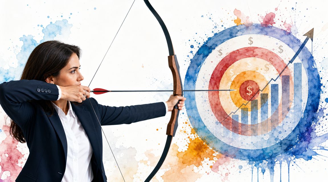 A businesswoman aiming an arrow at a target overlayed with a rising financial growth chart.