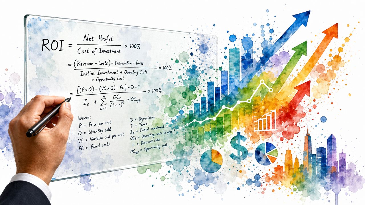 A business person writing a comprehensive return on investment formula on a transparent glass board.