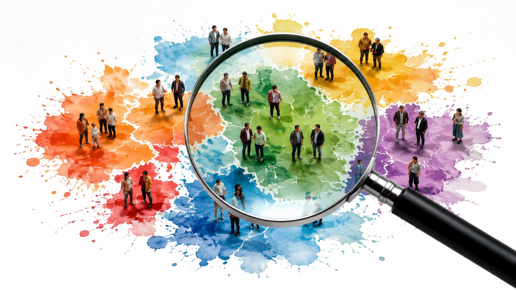 A magnifying glass focusing on diverse miniature people standing on a colorful watercolor splash background.