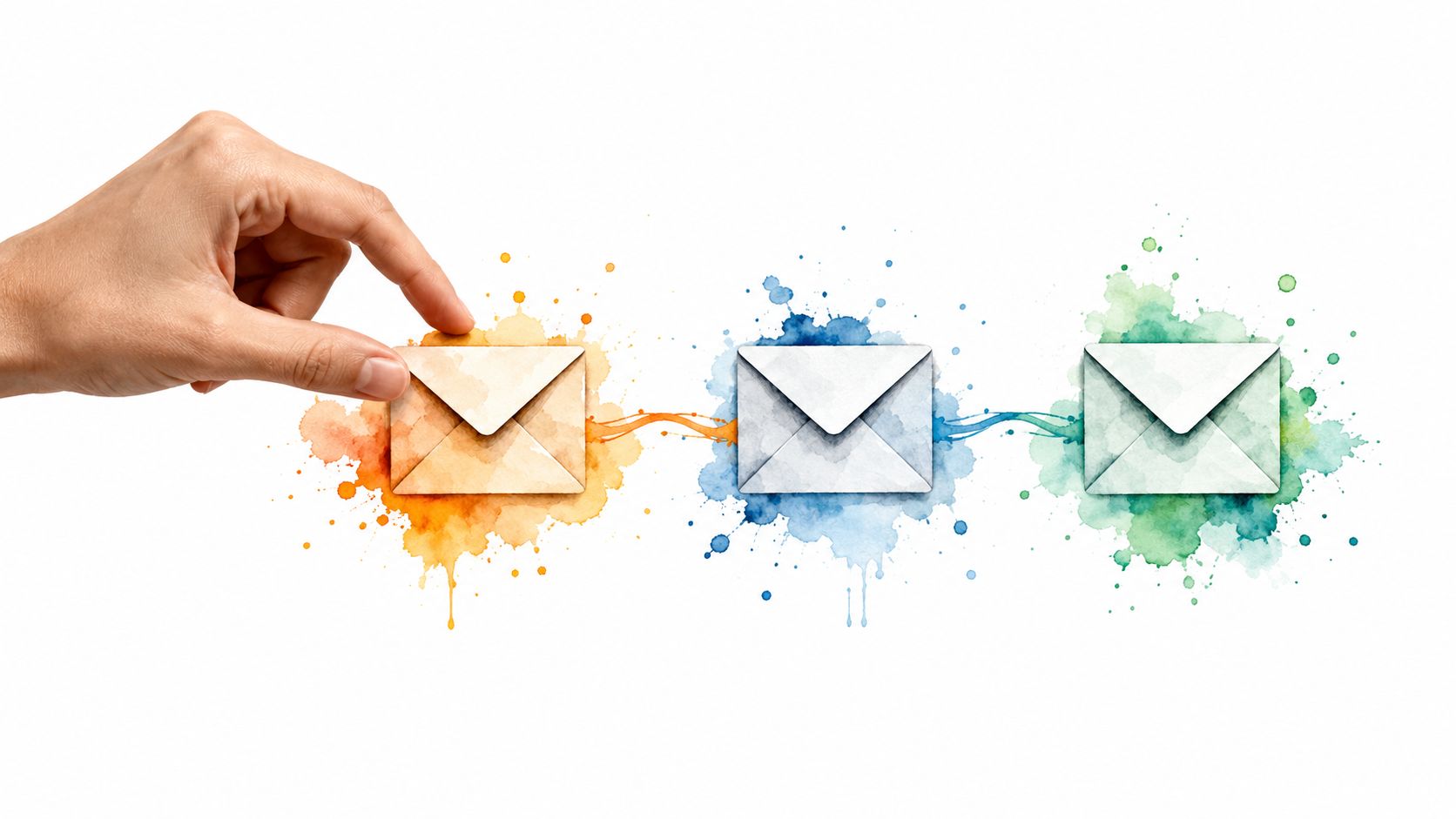 A hand placing an orange envelope in a sequence of three email icons with artistic watercolor splashes.