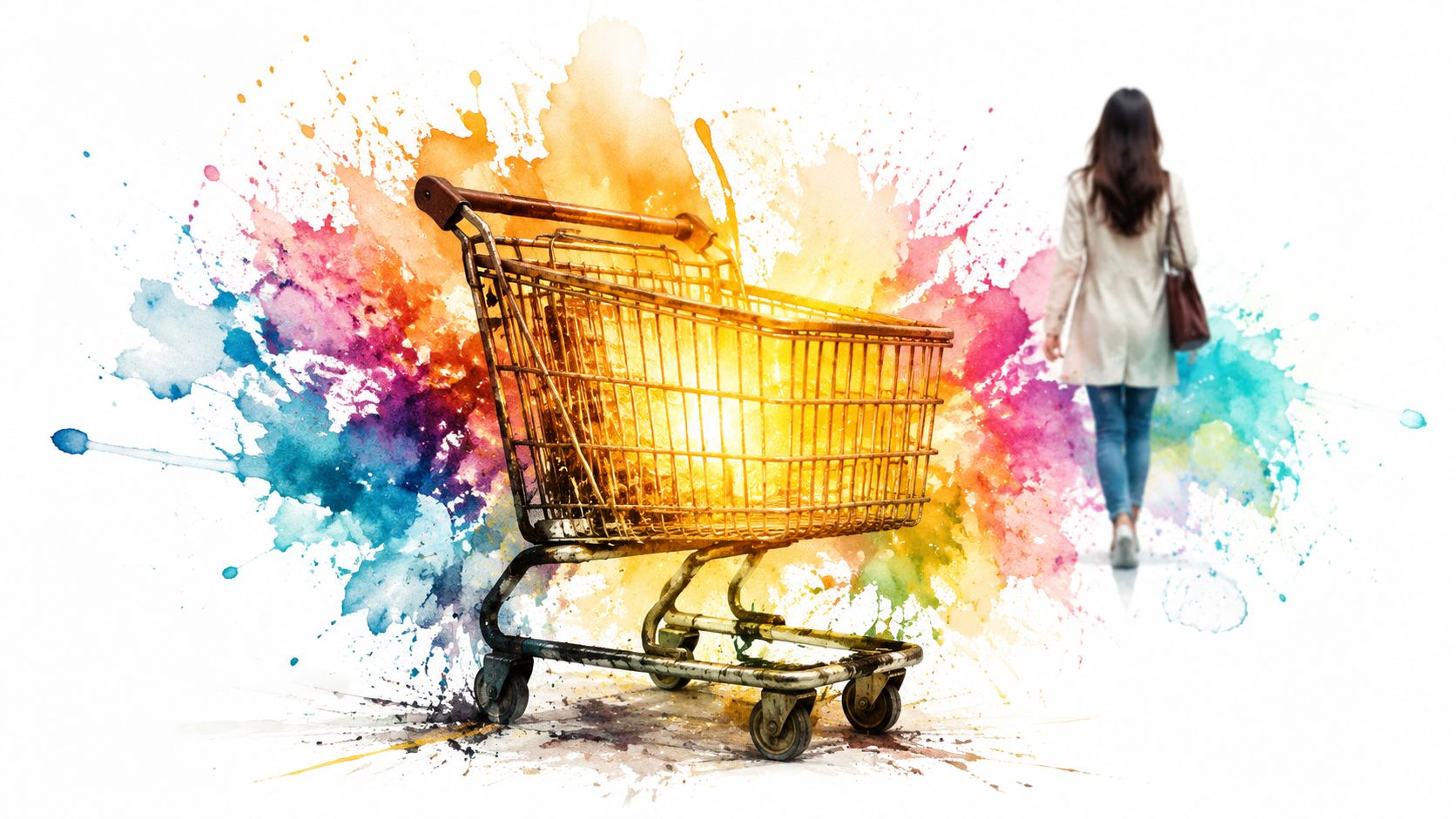 A shopping cart set against a vibrant watercolor splash backdrop with a woman walking away.