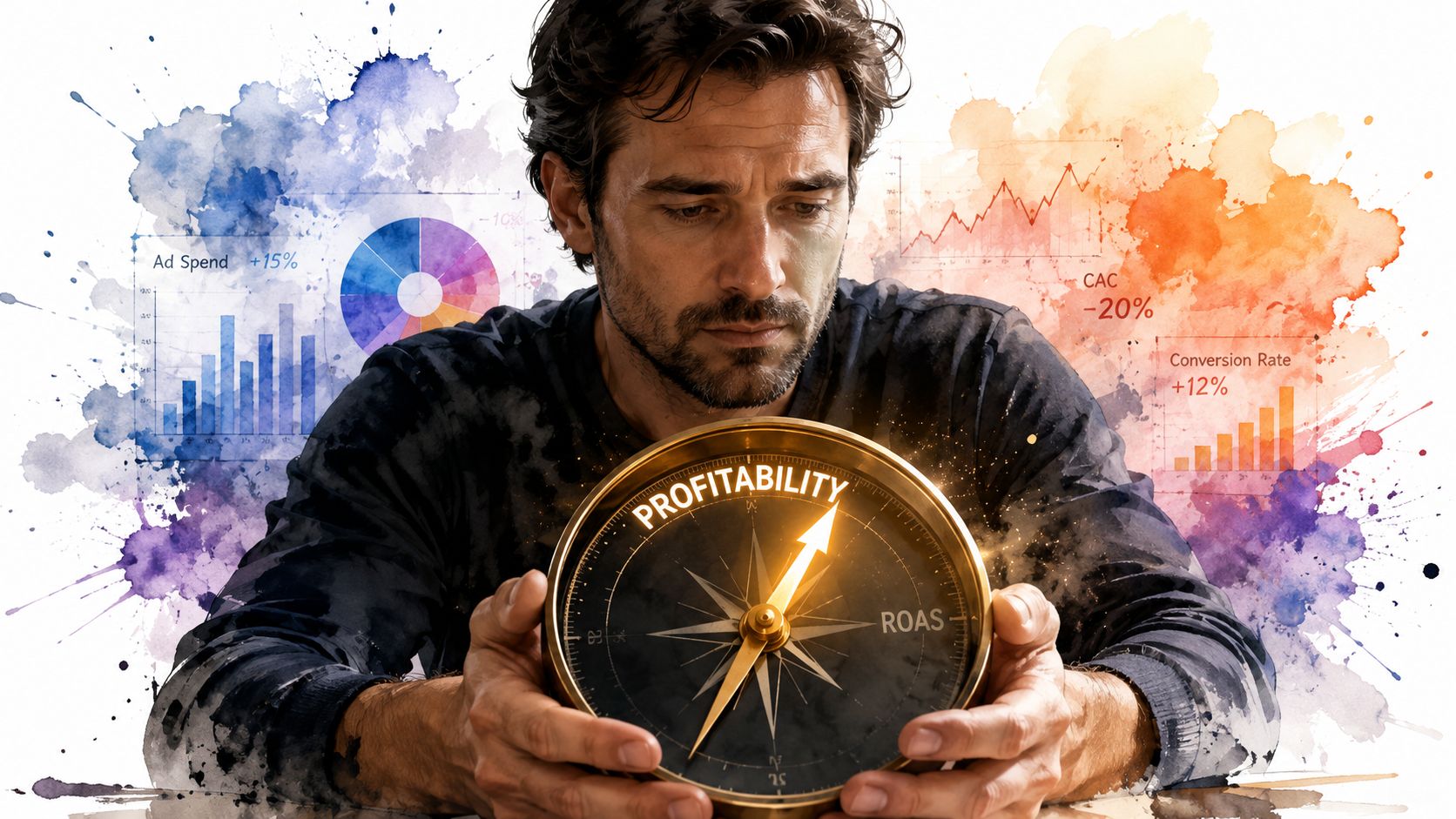A businessman intensely focused on a glowing compass pointing toward profitability amidst digital marketing analytical data charts.
