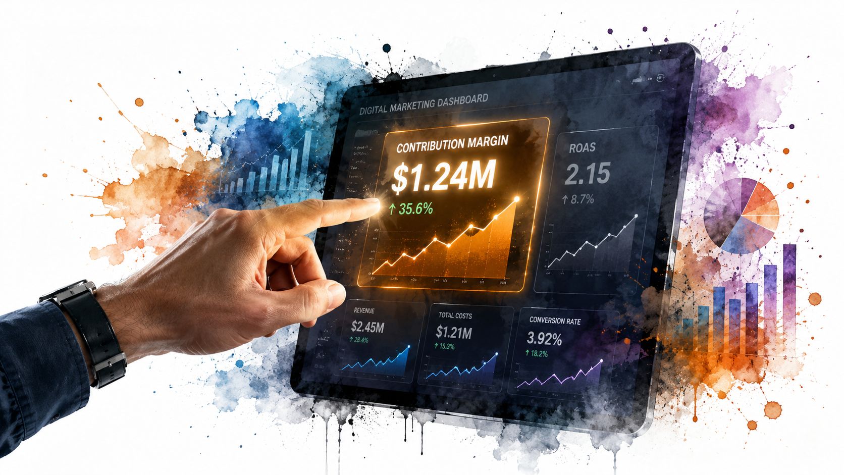 A hand touching a digital marketing dashboard screen displaying contribution margin and financial metrics with watercolor effects.