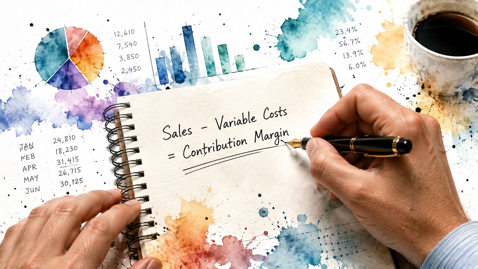 A person writes the formula for contribution margin in a notebook with financial charts in the background.