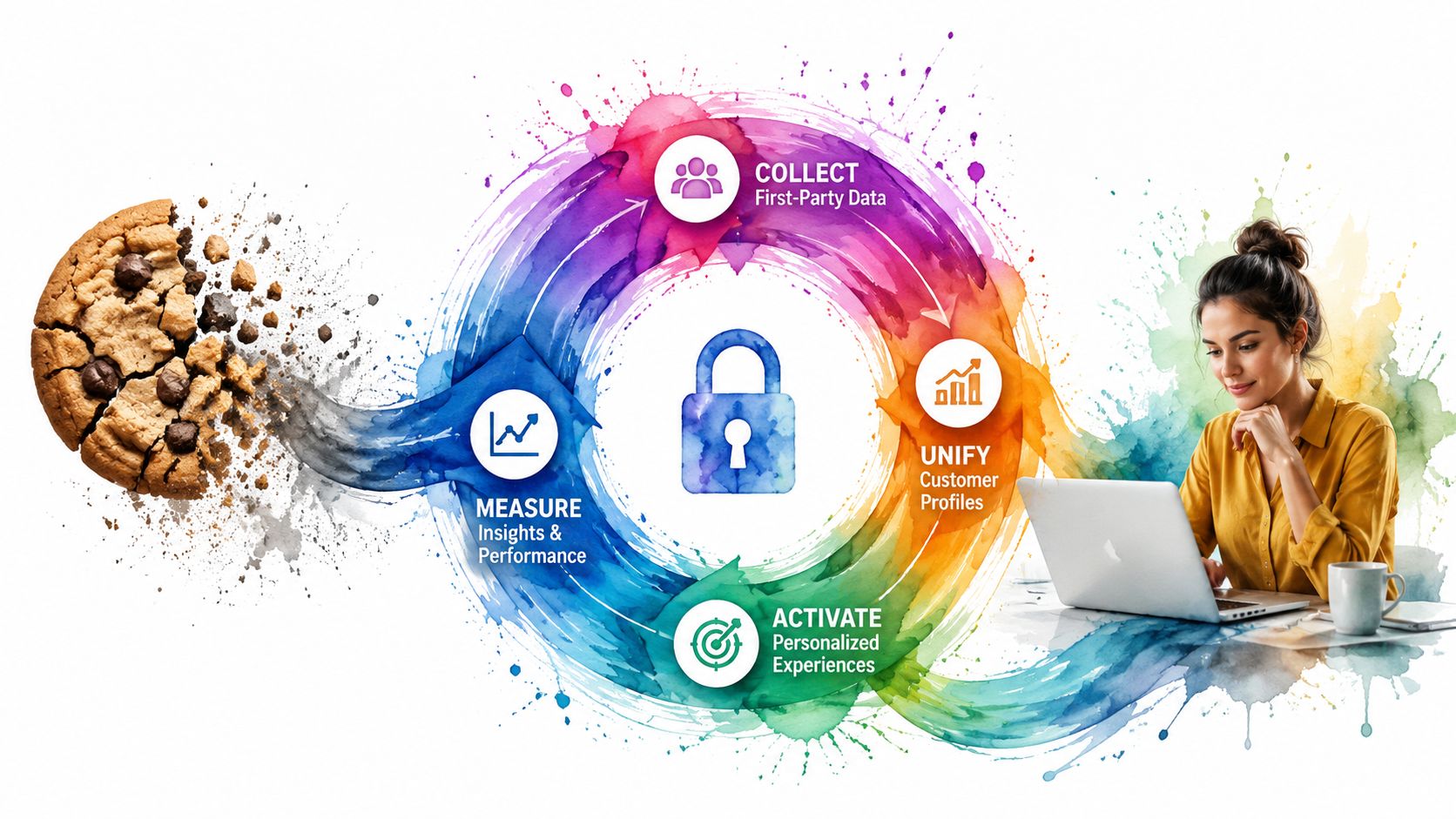 A conceptual diagram showing the transition from third-party cookies to a customer data strategy with data privacy.