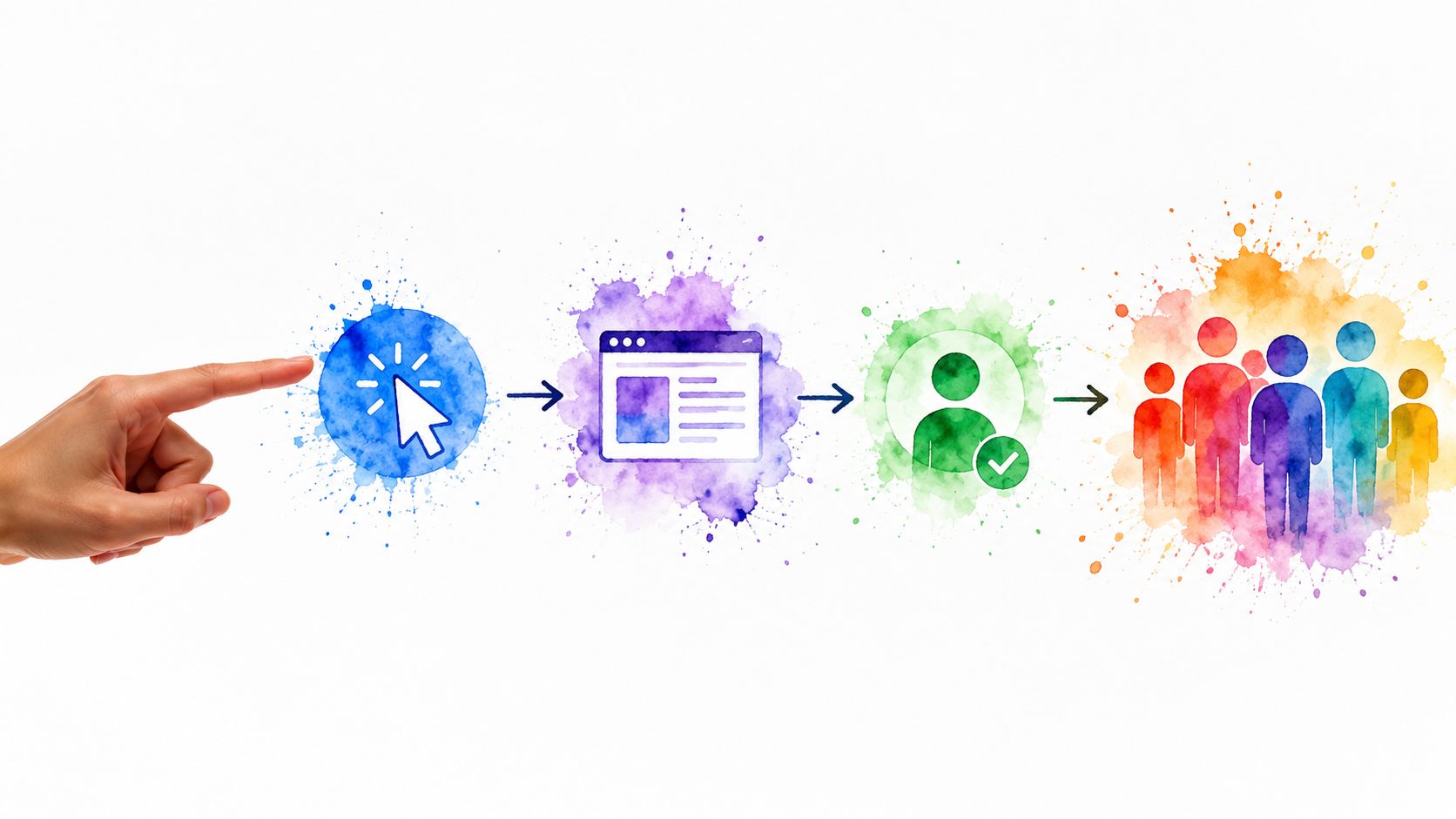 A hand pointing to a sequence showing a cursor, a webpage, a verified user, and a group.