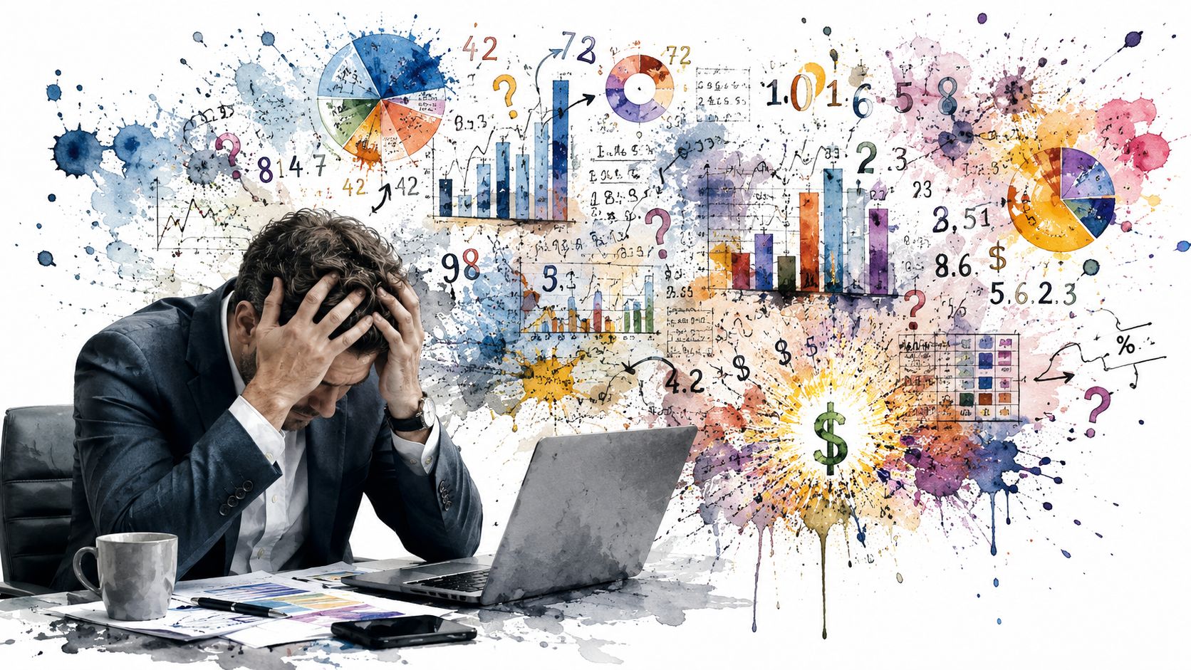 A stressed businessman sitting at his desk, overwhelmed by complex financial charts and data analytics.
