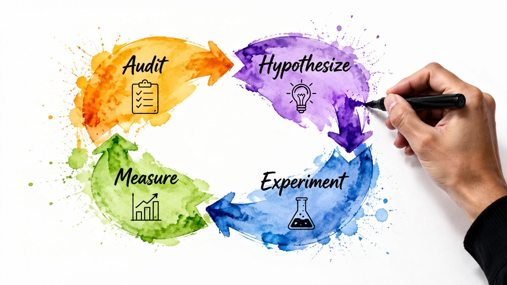 A hand drawing a circular diagram representing the customer experience optimization process with four distinct stages.