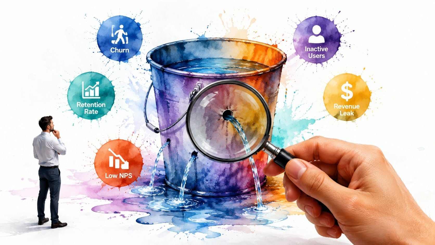 A businessman observes a leaking bucket representing customer churn and business revenue loss under a magnifying glass.
