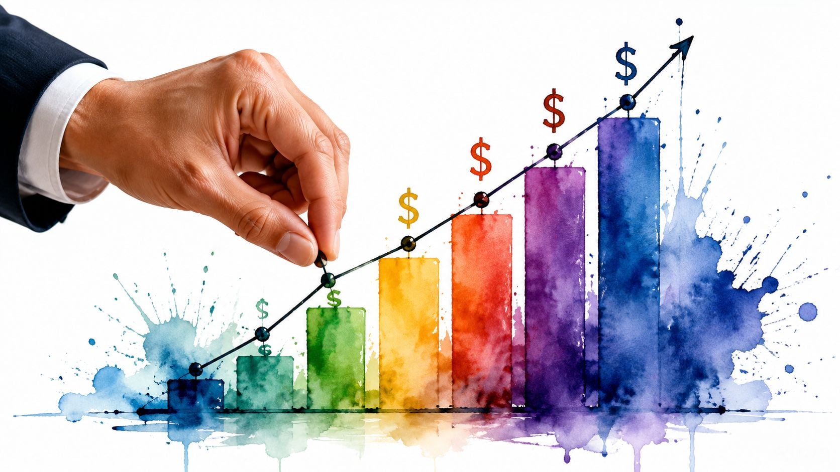 A businessman's hand adjusting a point on an upward trending watercolor bar chart with dollar signs.