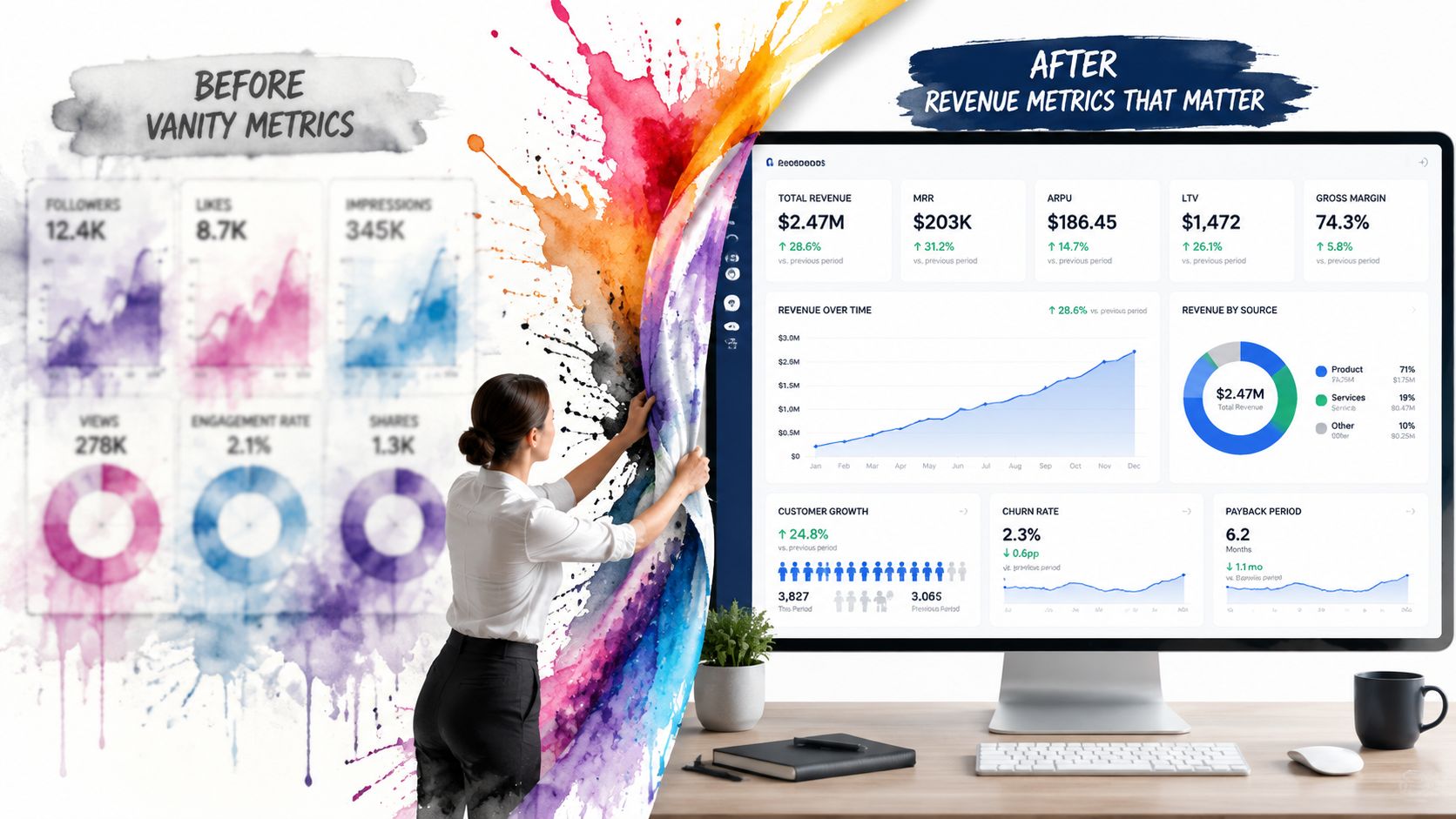 A woman pulls back a watercolor curtain revealing a professional business dashboard focused on revenue growth metrics.