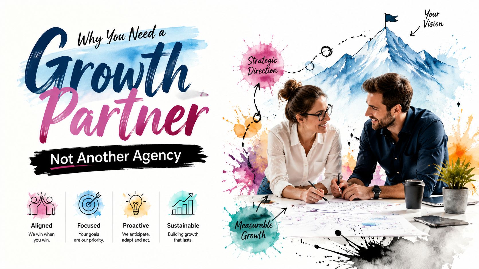 A professional man and woman collaborating on marketing strategies while working together at a desk.
