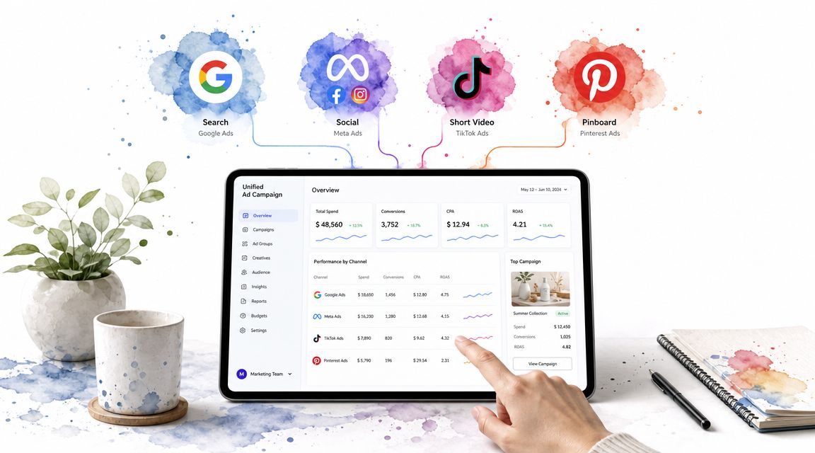 A digital dashboard on a tablet showing multi-channel e-commerce advertising analytics for marketing strategy optimization.