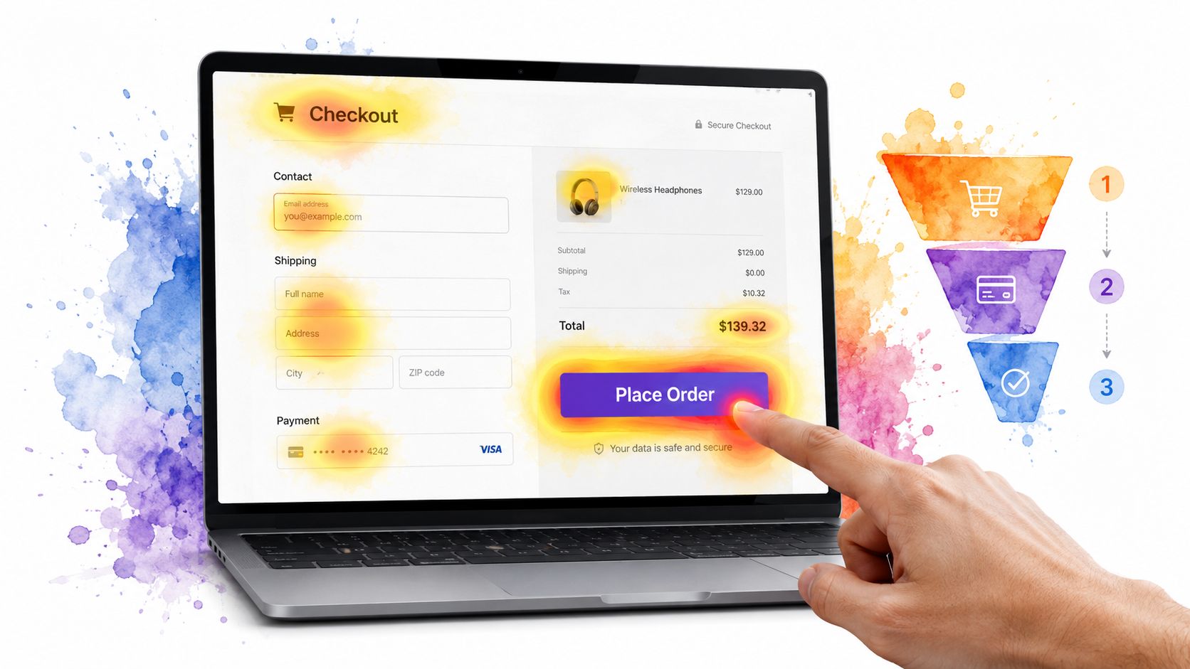 A hand clicking the checkout button on a laptop screen displaying an online store purchase page.