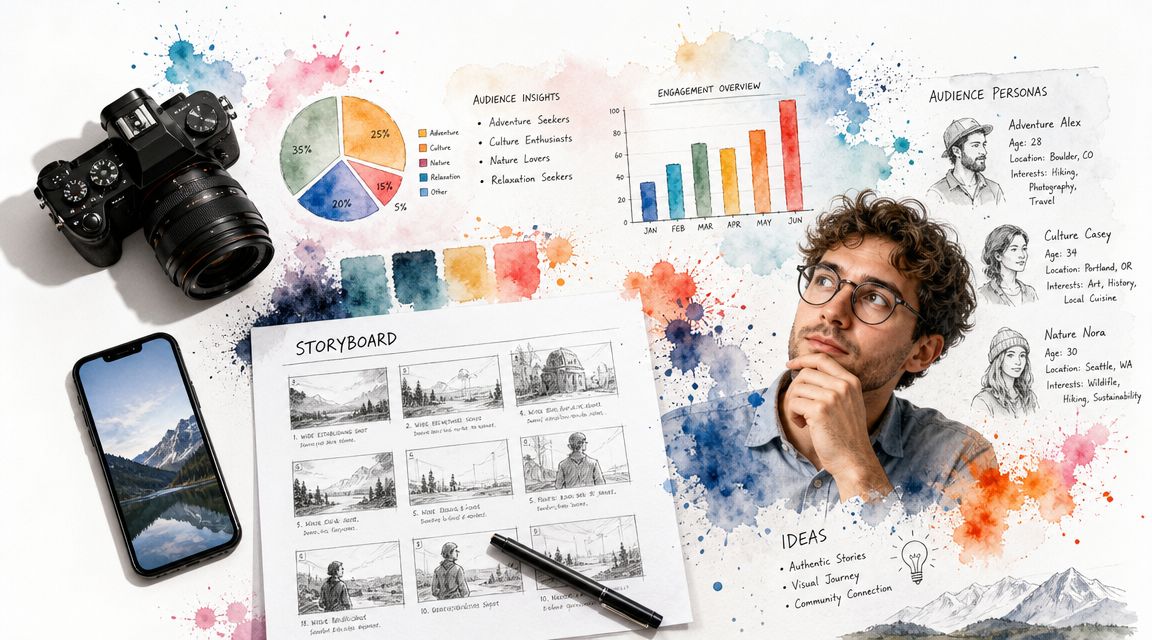 A creative professional planning a visual marketing strategy with a camera, storyboard, charts, and audience personas.