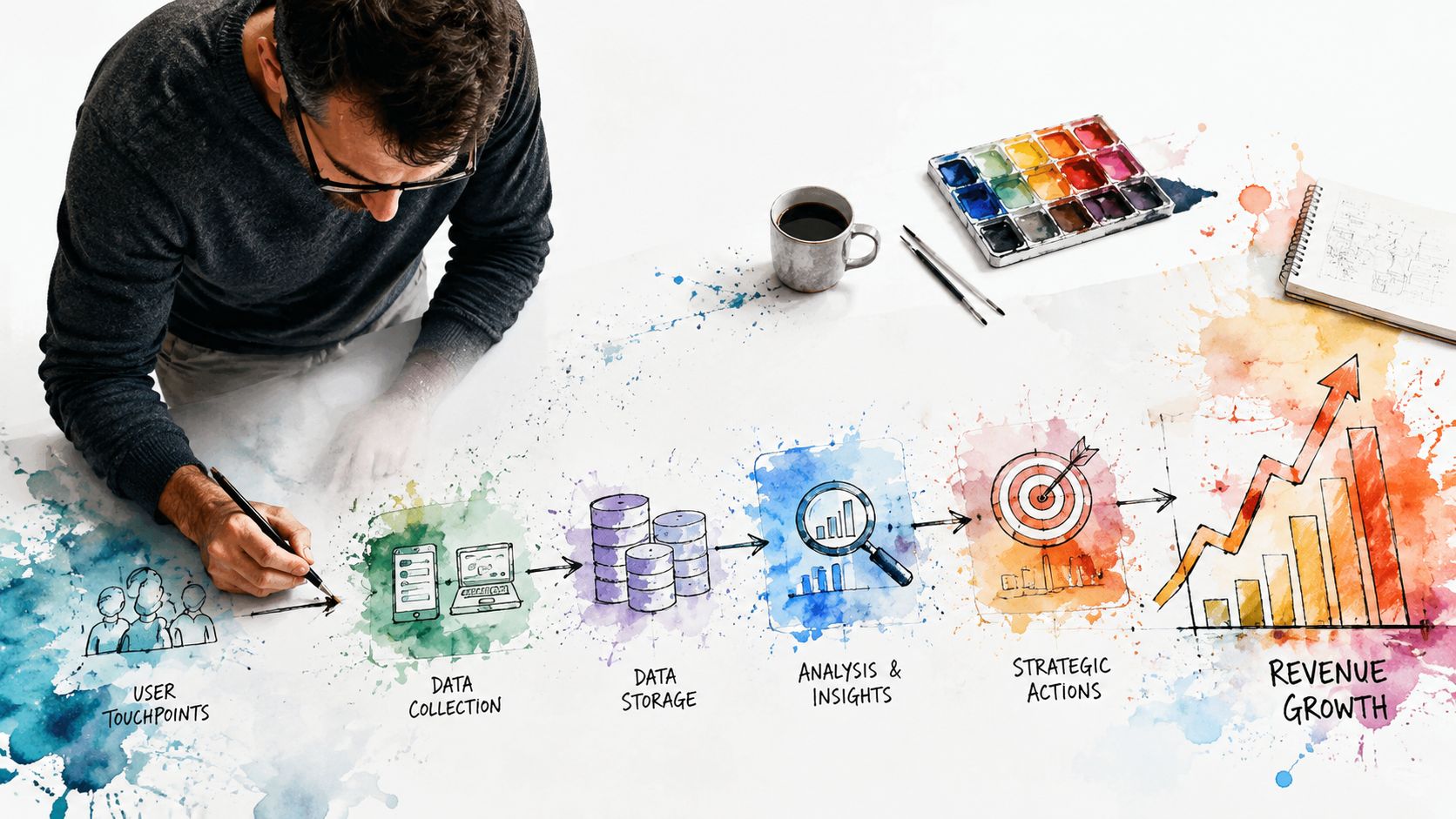 A person drawing a watercolor business growth diagram showing data strategy steps from collection to revenue growth.