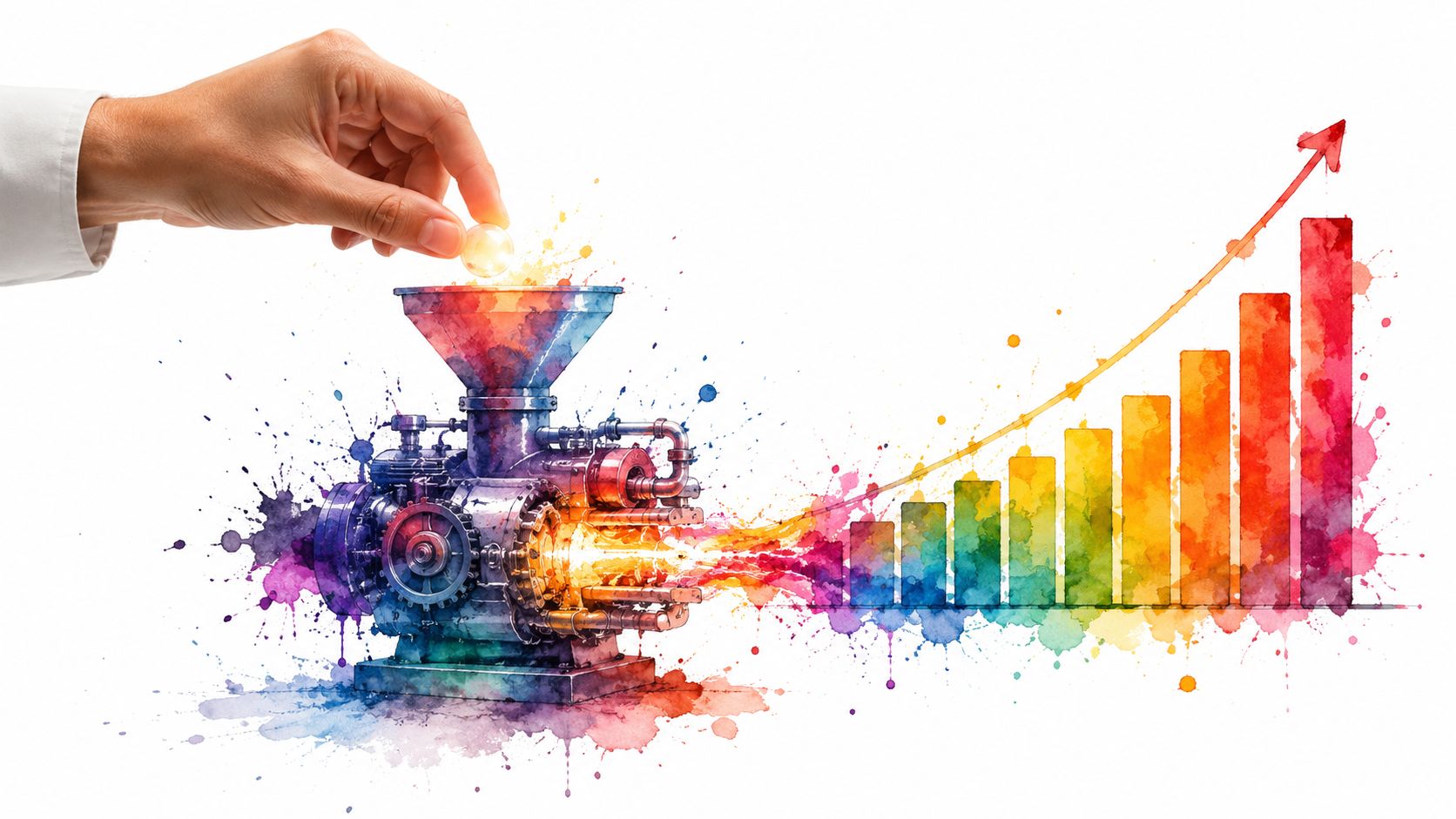A conceptual illustration of a hand inserting a coin into a machine that produces a growth chart.
