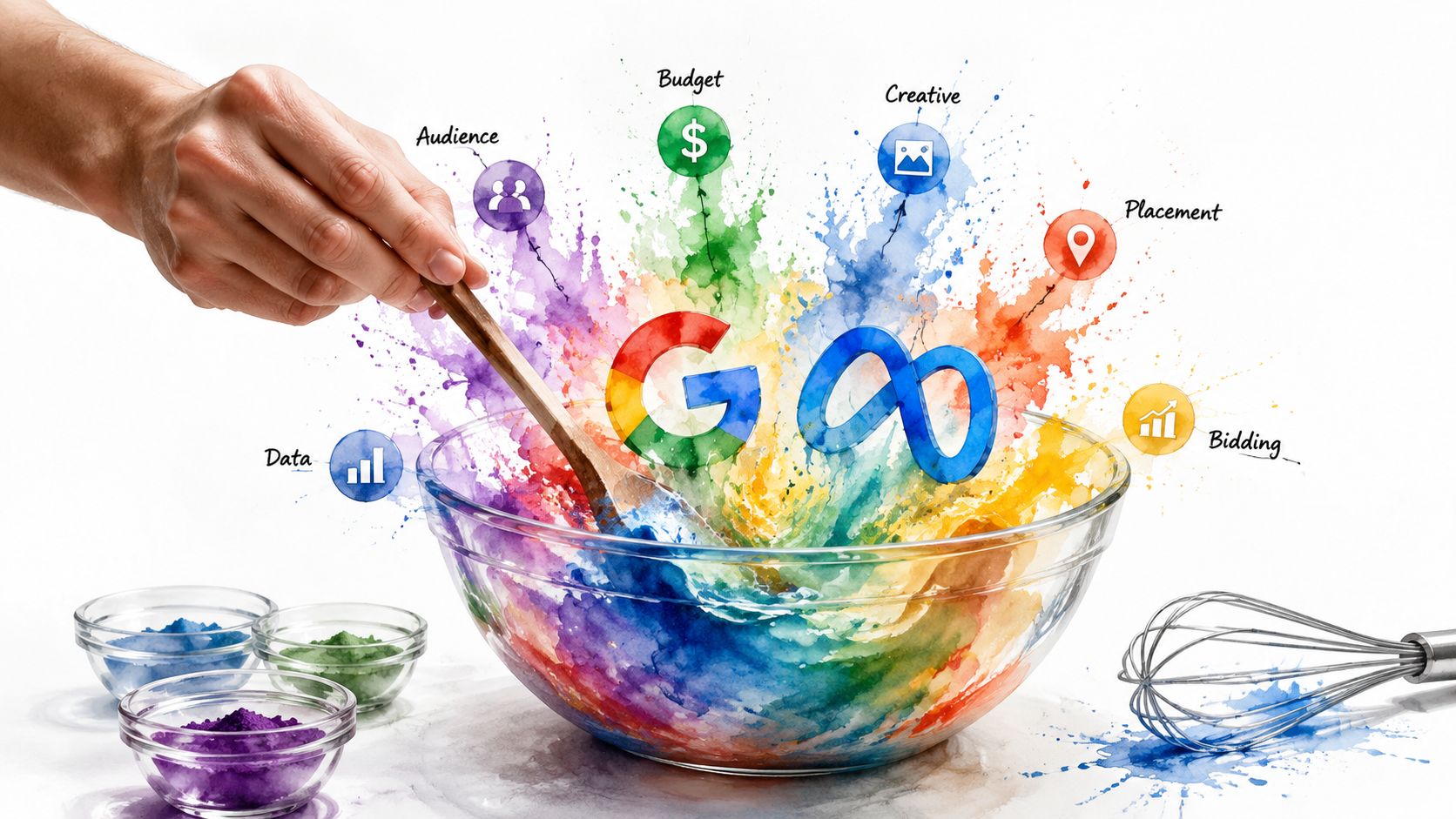 A hand mixing Google and Meta logos into a colorful bowl representing digital marketing strategies.