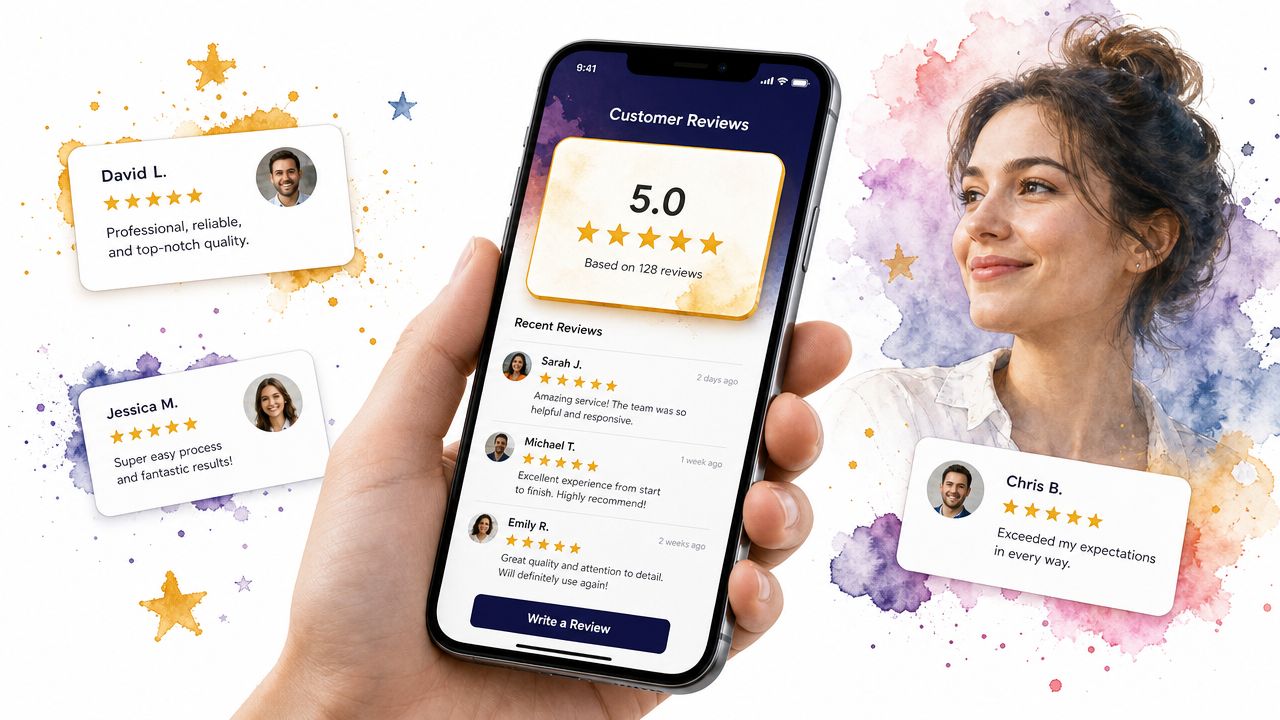 A hand holding a smartphone showing customer reviews with five-star ratings and testimonials from satisfied clients.