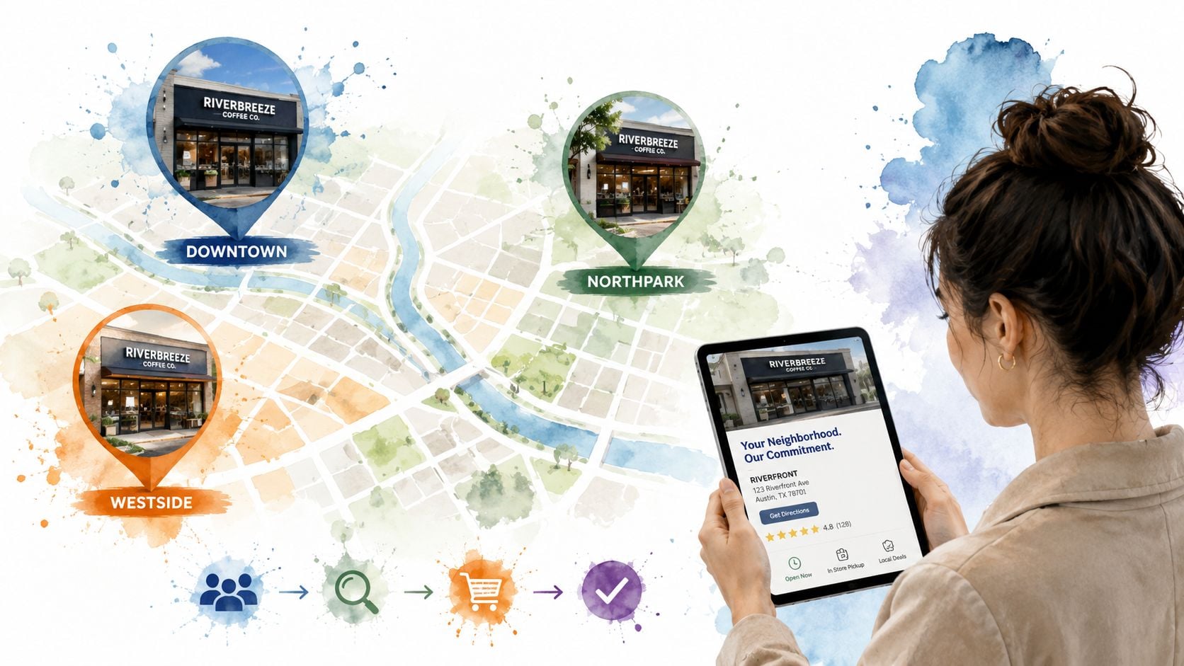 A woman using a tablet to view Riverbreeze Coffee locations on a watercolor map illustration.