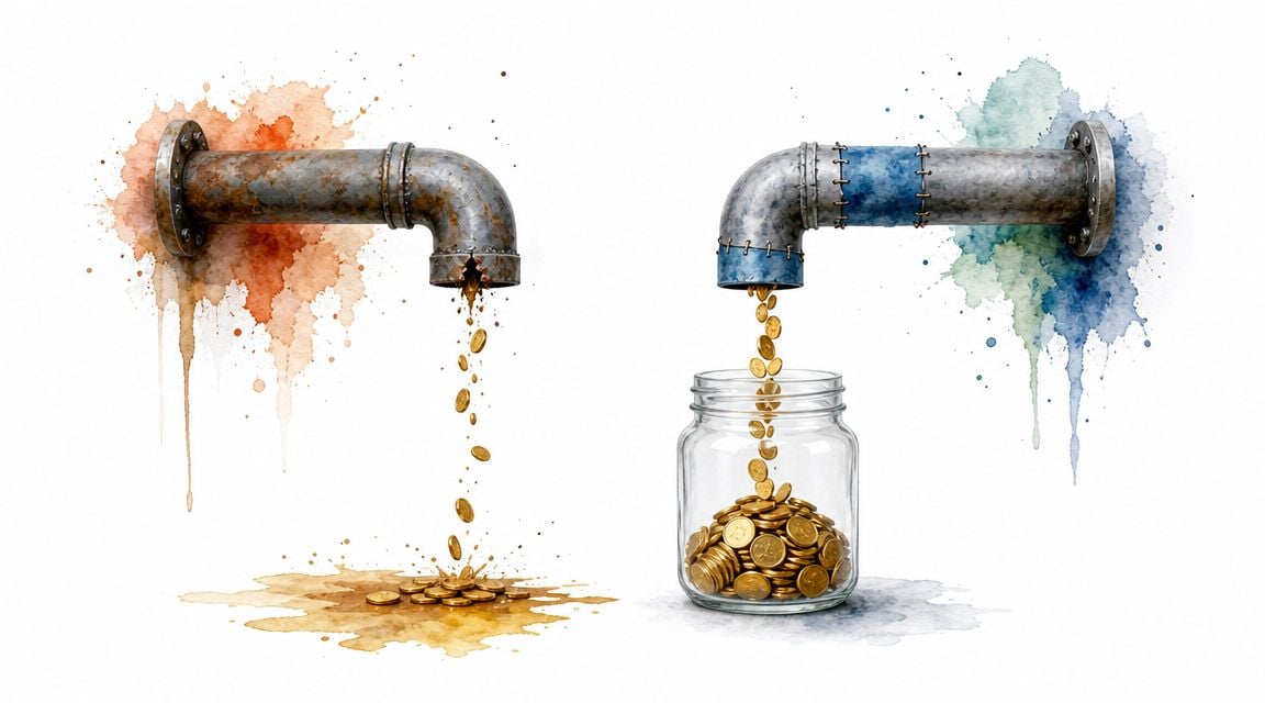 Two pipes leaking and filling coins, representing financial loss versus saving money in a glass jar.