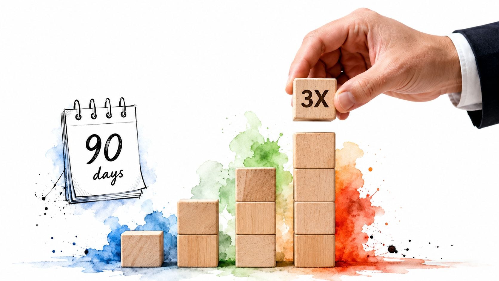 A hand placing a wooden block labeled 3X on a growing bar chart next to a 90 days calendar.